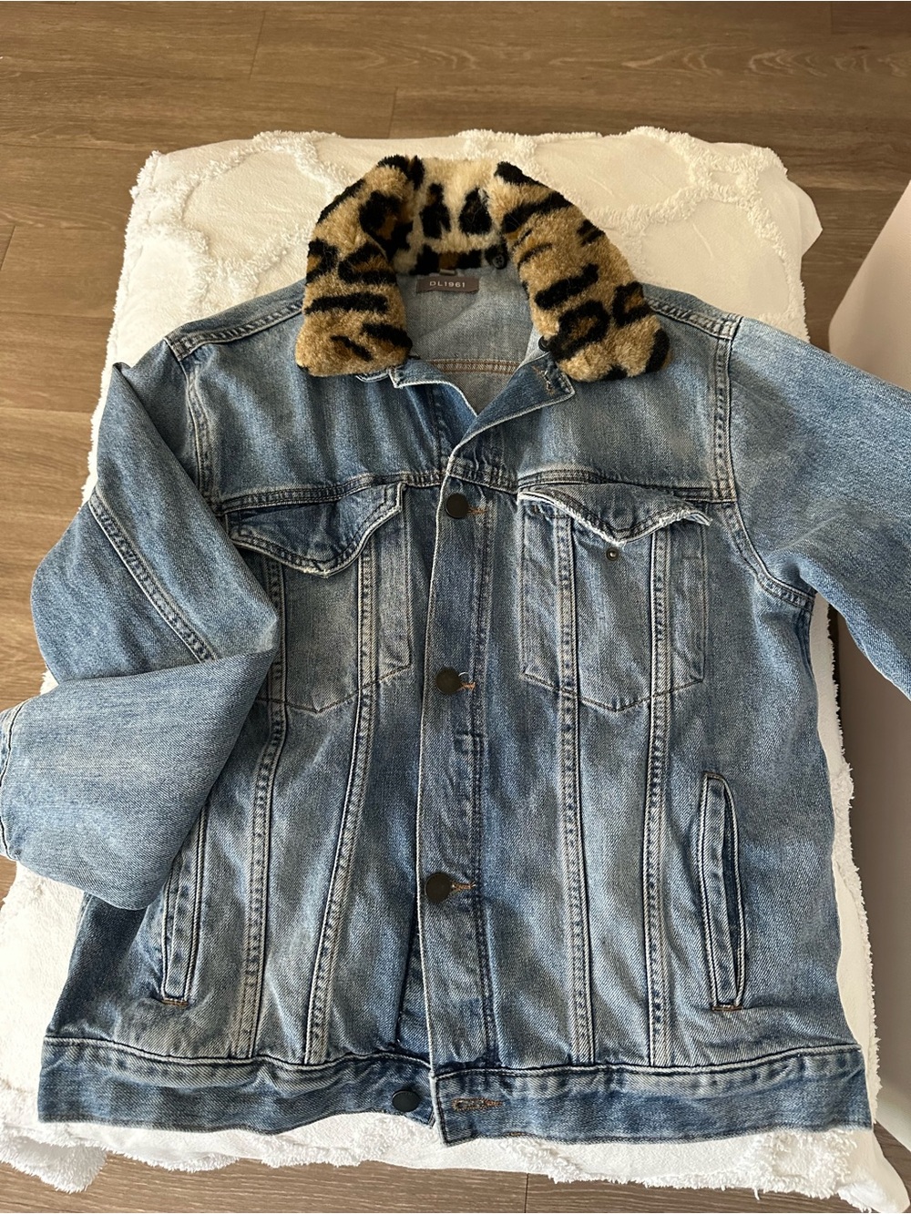 DL1961 Light Blue Denim Jacket with Leopard Faux Fur Collar